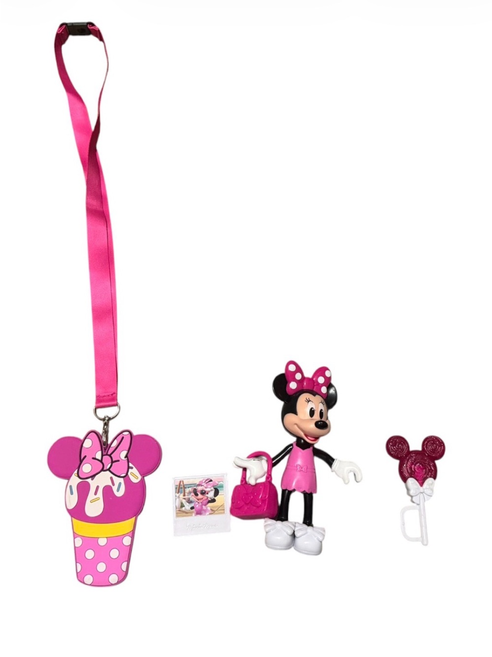Pink Minnie Mouse Kids Toy Lot with Lanyard, Figurine, and accessories